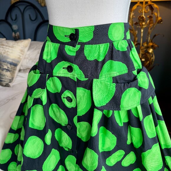 Mouche Black and Green Abstract Limes Full Buttoned Swing Skirt w Pockets - Picture 4 of 13